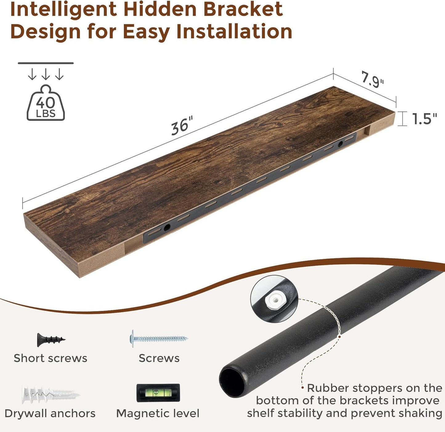 Heimlove 36 Inch Floating Shelves for Wall 8 Inch Deep Rustic Brown Shelves Set of 2,Wall Mounted Rustic Wood Long Floating Shelf with Invisible Brackets for Bedroom Kitchen Living Room