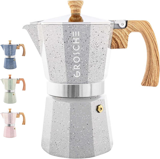 GROSCHE Milano Moka pot, Stovetop Espresso maker, Greca Coffee Maker, Stovetop coffee maker and espresso maker percolator (Grey, 6 cup)