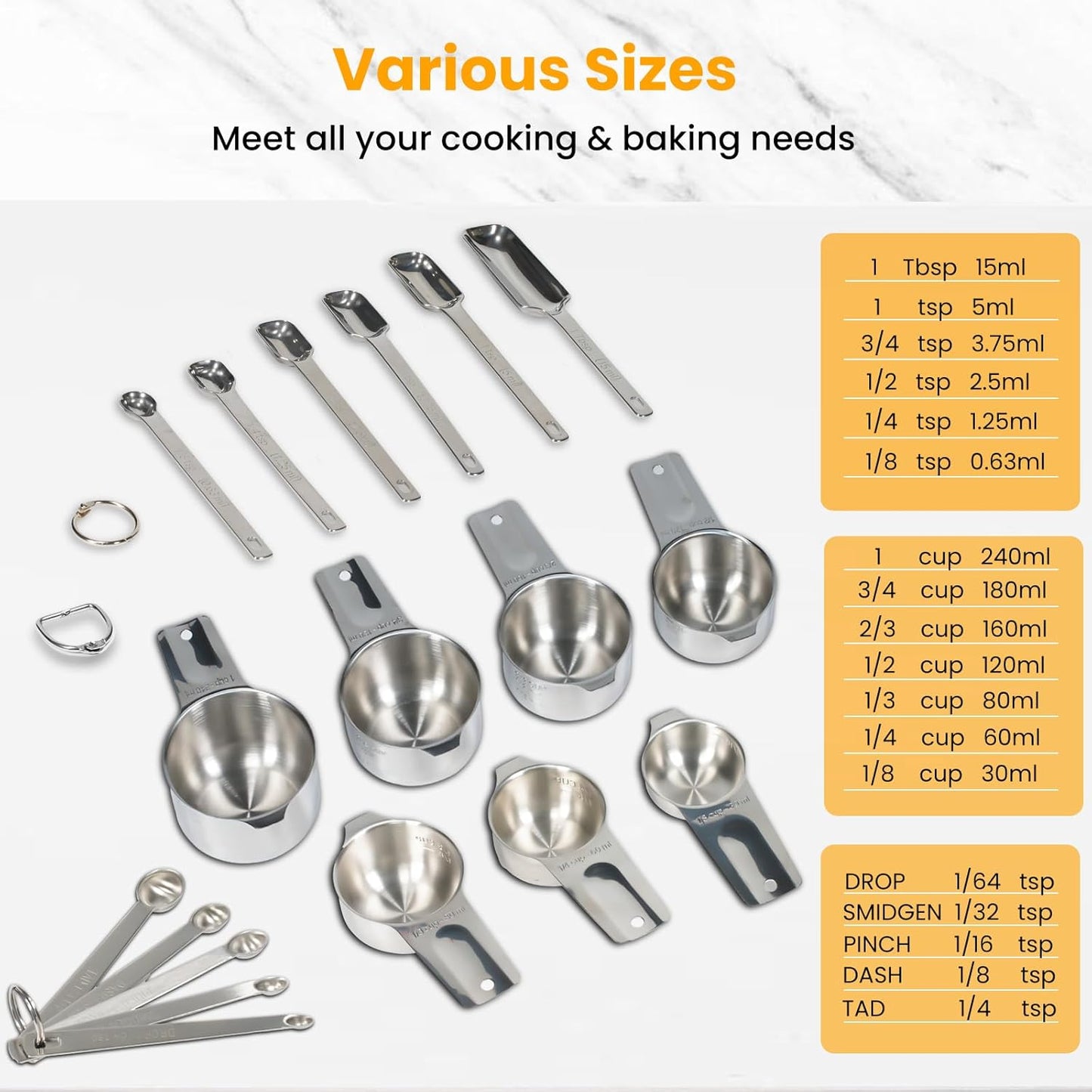 18PCS Measuring Cups and Spoons Set, Includes 7 Stainless Steel Nesting Cups, 6 Rectangular & 5 Mini Measuring Spoons Fits Narrow Jars, Kitchen Gadgets for Cooking & Baking