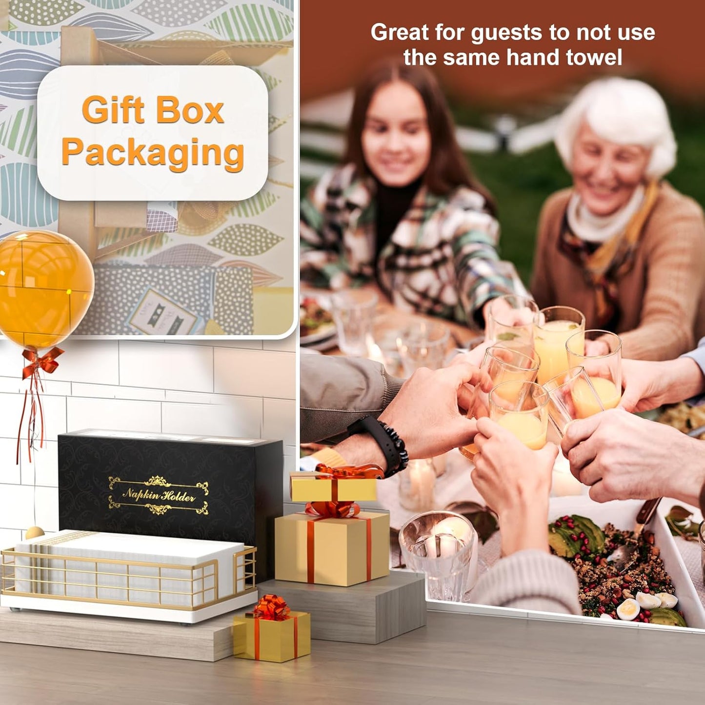 Wican Guest Towel Holder Tray for Bathroom, Oak and Iron Napkins Holder for Powder Room Dinning Table Wooden Basket for Disposable Paper Hand Towels Gold and White