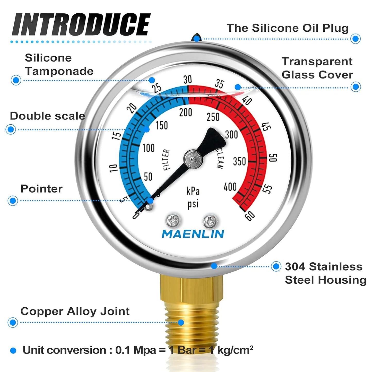 MEANLIN MEASURE 1/4" NPT 0-60psi Pressure Gauge, 2" Dial Glycerine Filled Pool Filter, 304 Stainless Steel Housing, Lower Mount, with 1/2" NPT and 3/8" NPT Hex Bushing