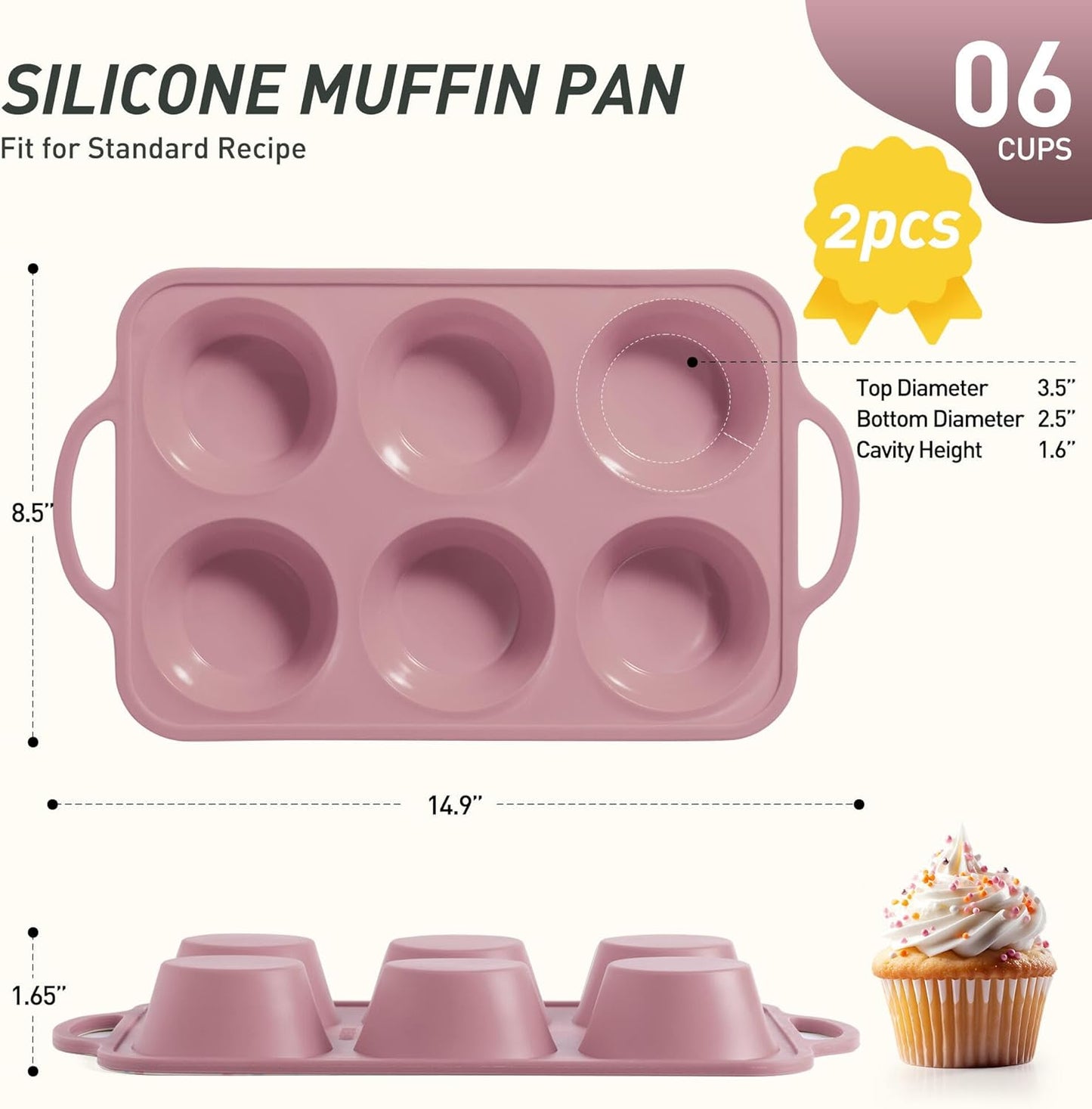 2 Packs 6 Cups Silicone Muffin Pan with Metal Reinforced Frame Jumbo Size Cupcake Pan Tray Egg Bites Silicone Circle Cookie Molds Muffin Tin Tart Pans Baking Sheet Set for Breakfast Sandwiches