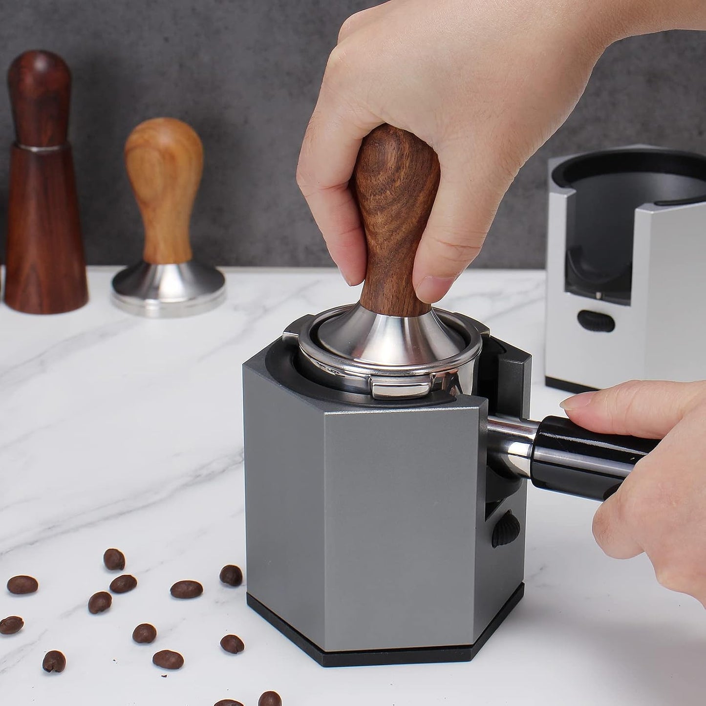 DIBTSA Coffee Portafilter Holder,Espresso Tamping Station Aluminum Alloy Espresso Portafilter Stand for Most 51mm, 53mm, 54mm, 58mm Coffee Portafilter (Hexagon,Grey)
