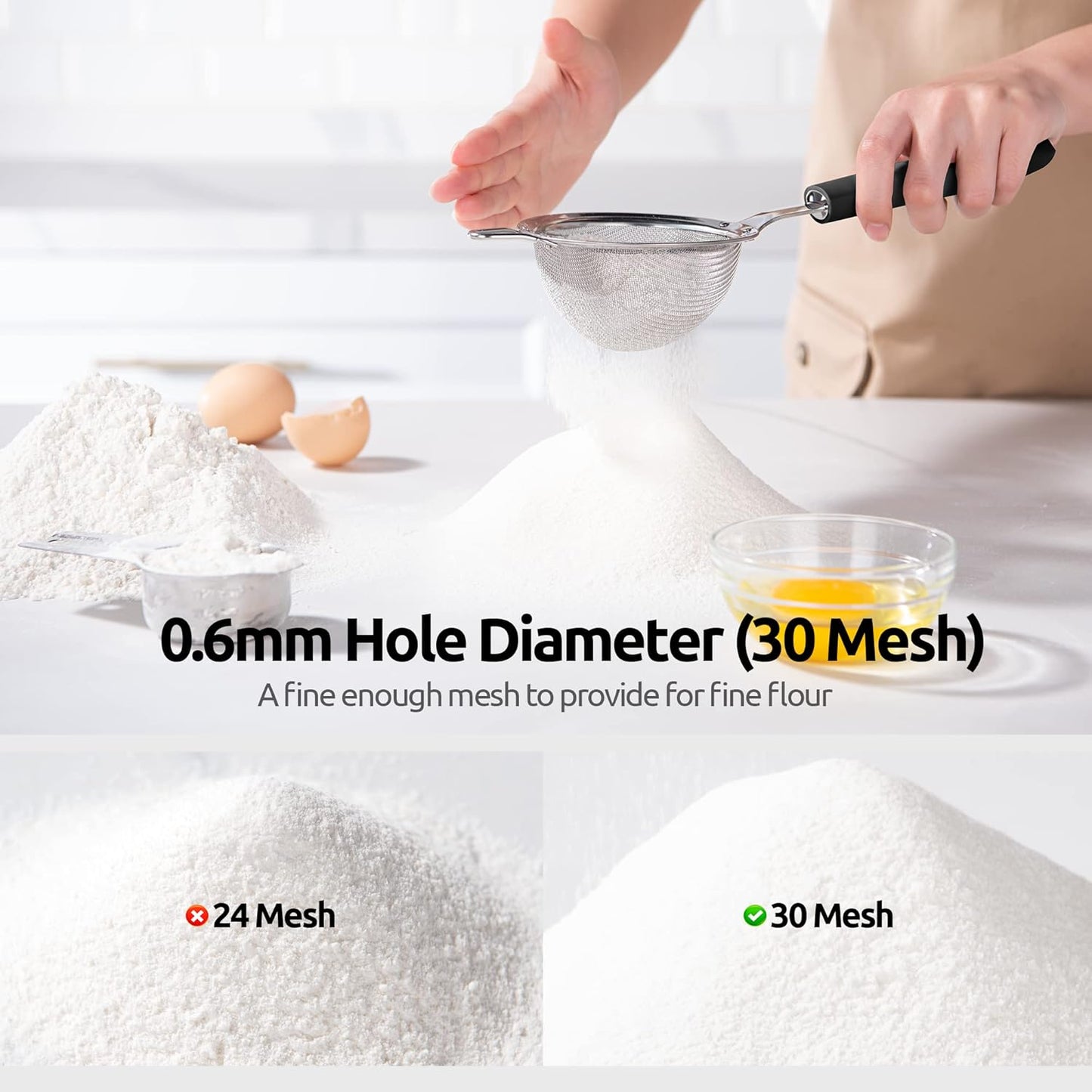 18/8 Stainless Steel Mesh Strainer: U-Taste 3.9 Inch Kitchen Fine Mesh Sieve Food Colander with Riveted Sturdy Silicone Handle and 30 Mesh Hole for Straining Flour, Quinoa, Tea, Juice (Black)