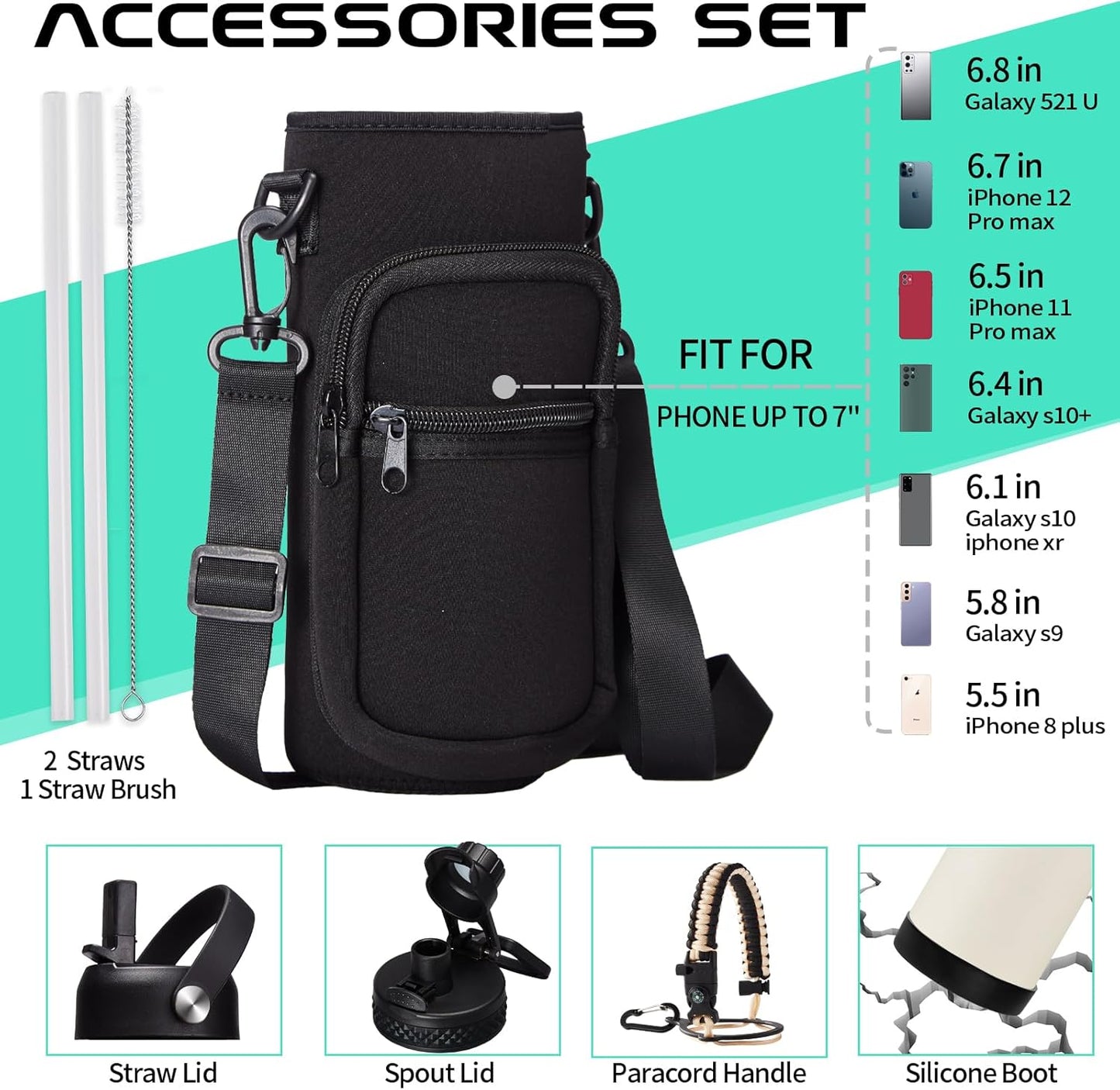 40oz Insulated Water Bottle - w/Straw Spout Lid, Bottle Holder with Strap, Paracord Handle, Protective Bottom Boot, Stainless Steel Metal Thermo Jug Flask Cold 48h & Hot 24h, Cream White