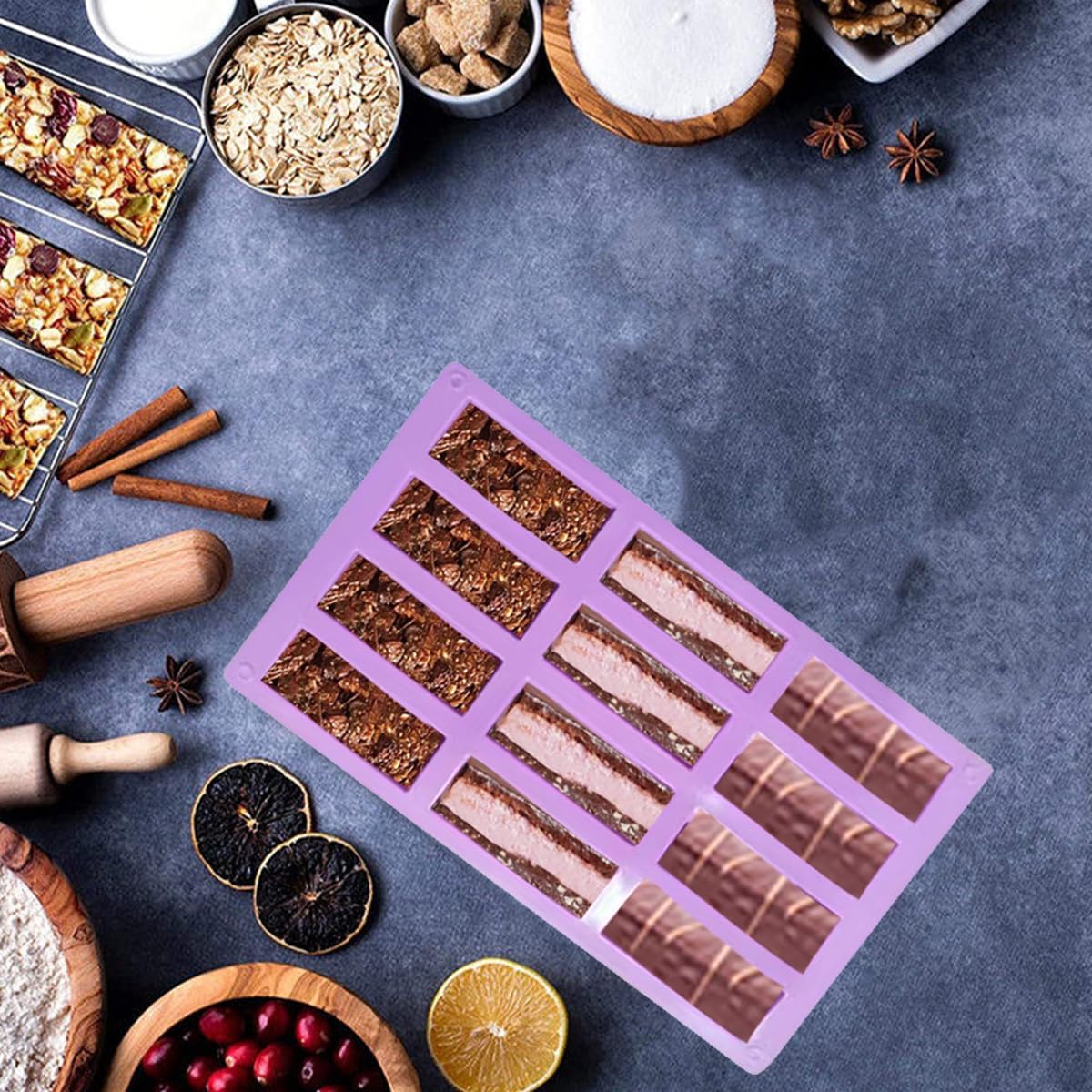 2Pcs oat bar mold - 12rectangle silicone molds - Chocolate silicone mold for baking candies/energy bars, cheesecake, dried fruit cereal cookies (2, purple)