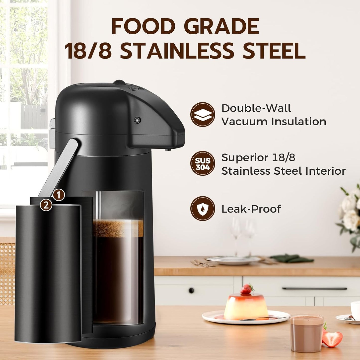 Coffee Carafe for Keeping Hot - 102OZ / 3L Airpot Coffee Dispenser with Pump - Large Coffee Thermos for Hot Drinks Tea Liquid - Insulated Stainless Steel Hot Water Beverage Dispenser for Parties,Black