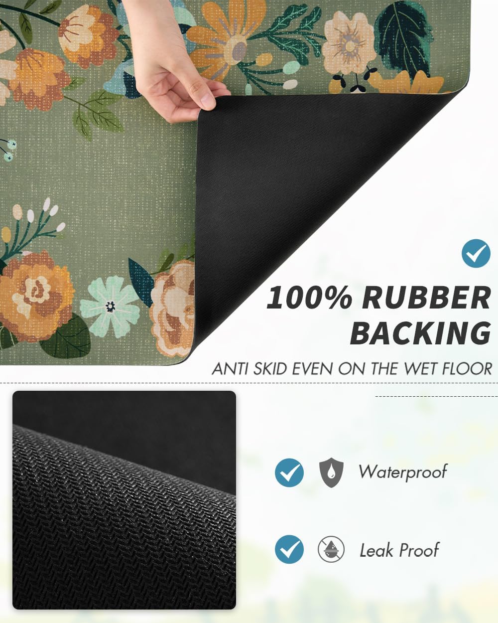 AMOAMI Coffee Mat Hide Stain Rubber Backed Absorbent Dish Drying Mat for Kitchen Counter - Fits Under Coffee Maker or Machine - Floral GREEN 17x31.5