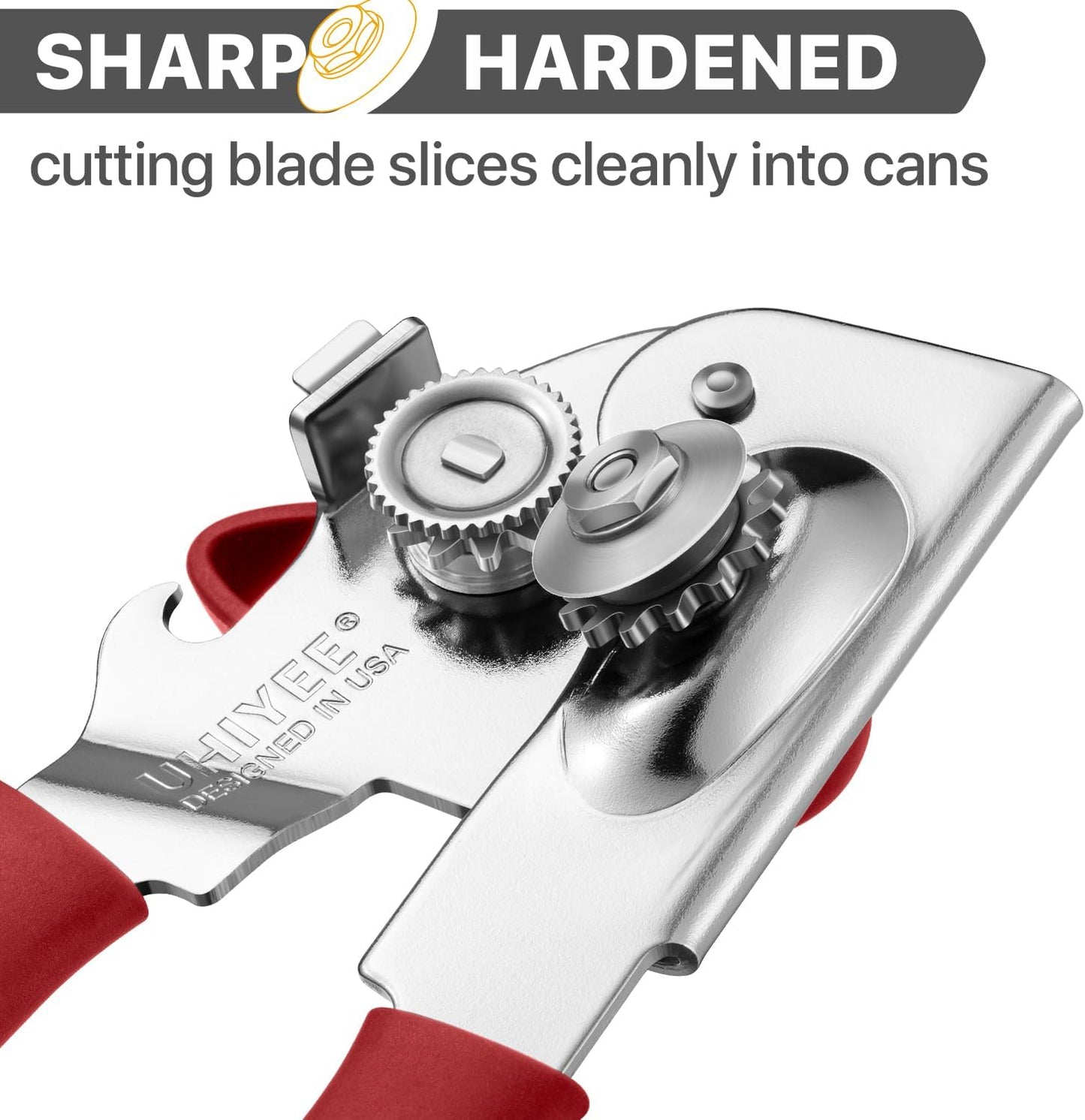 Can Opener Manual Heavy Duty, UHIYEE Hand Held Can Openers for Seniors with Comfort Grip Sharp Blade, Solid Steel Hand Manual Can Open with Magnet for Kitchen Camping, Red