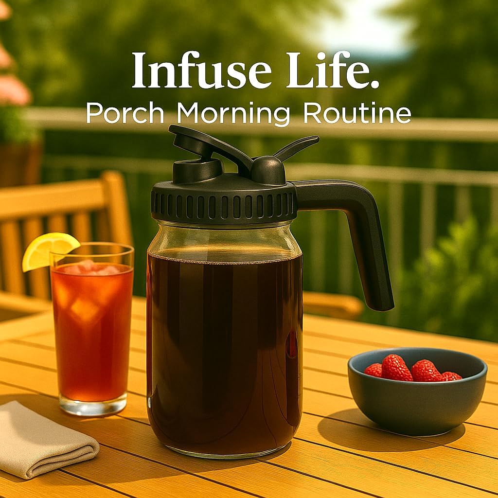 Cold Brew Coffee Maker 64OZ Marson Jars Wide Mouth Glass Picther Spout Lid with Stainless Steel Filter,Leakproof Maker for Iced Tea,Espresso,Lemonade-Black