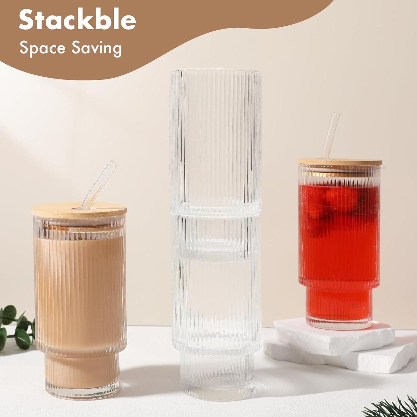 Glass Cups with Bamboo Lids and Straws - 16 oz Iced Coffee Cups, Vintage Ribbed Drinking Glasses, Tumbler for Juice, Beer, Coffee, Milk, Cocktail, Water (2 Pack)