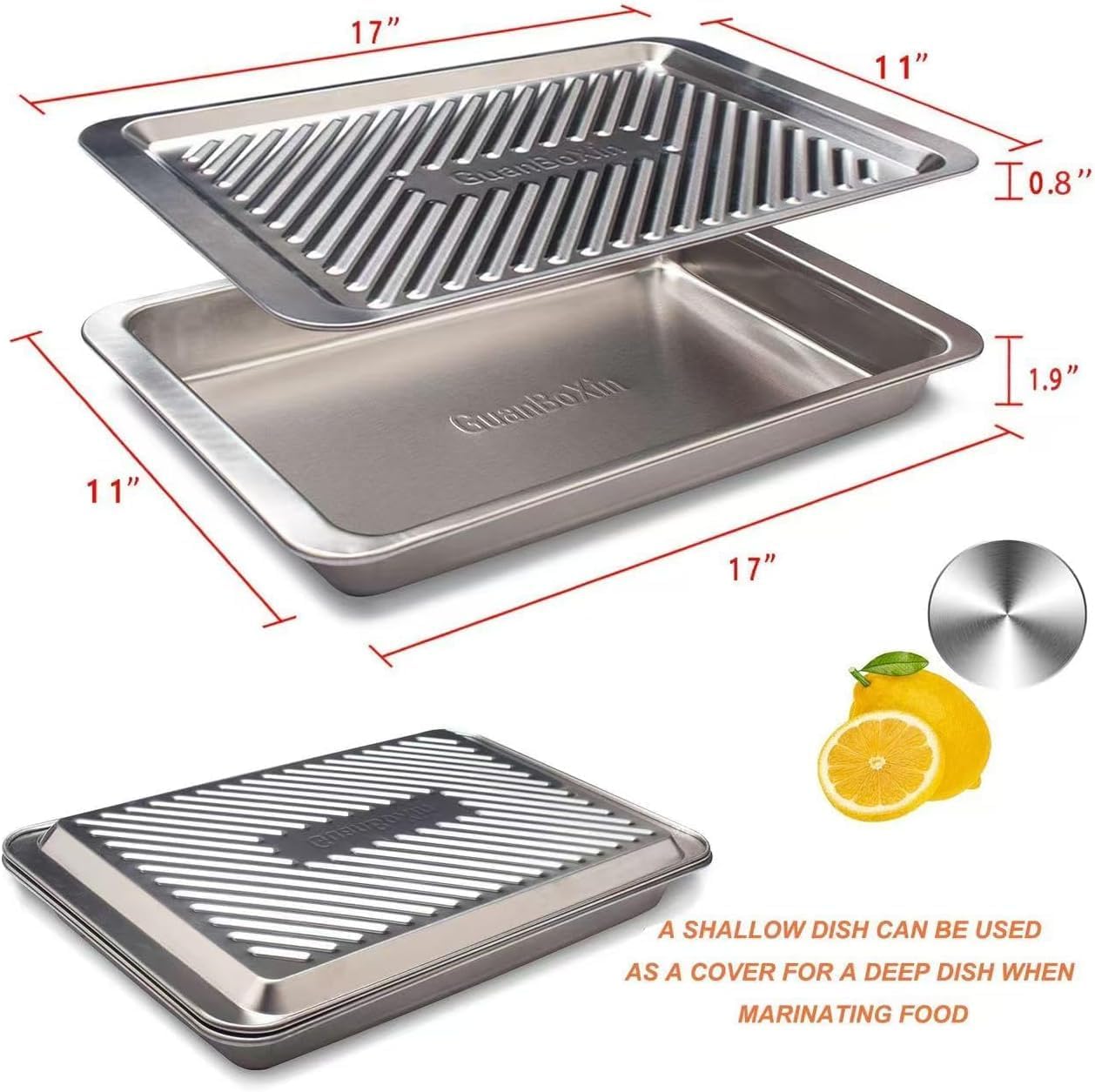 Grilling Prep and Serve Trays, Set of 2 Stackable Stainless Steel BBQ Trays Marinating Tray Serving Platter for Plating Food BBQ Prep Tub for Marinating Meats, Grill Accessories