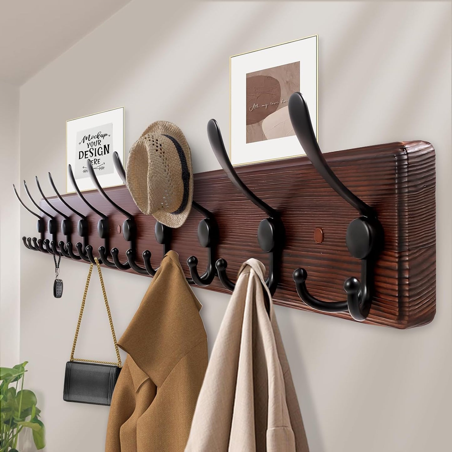 38.6'' Large Coat Rack Wall Mount Coat Hooks Coat Hanger with 10 Metal Black Triple- Hooks Brown Pine Real Wood Plank Hat Rack for Wall Hooks for Hanging Coat Hat Jacket
