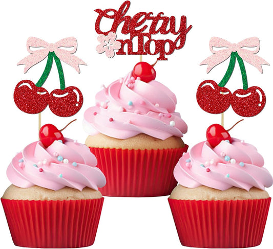 24 Pack She's the Cherry On Top Cupcake Toppers, Glitter Cherry Sweet Cake Pick for Fruits Theme Baby Shower and Bridal Shower Decorations Supplies (Top)