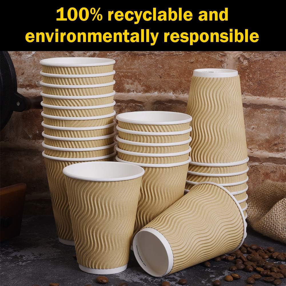 Disposable Paper Coffee Cups with Lids, 100 pack 12 oz Ripple Wall Insulated To Go Coffee Cups for Hot/Cold Beverage, Recyclable Takeaway Drinking Cups for Home Office Cafe Party