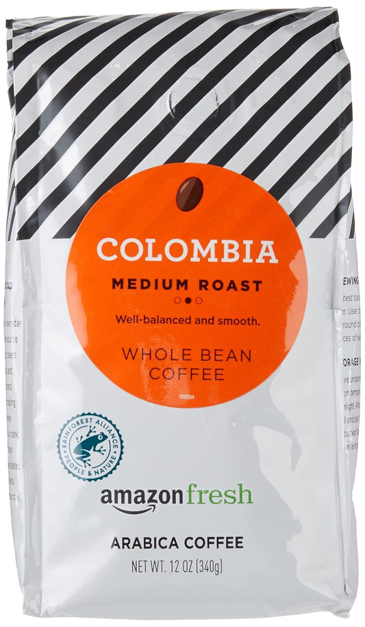 Amazon Fresh Colombia Whole Bean Coffee, Medium Roast, 12 Ounce (Pack of 3)
