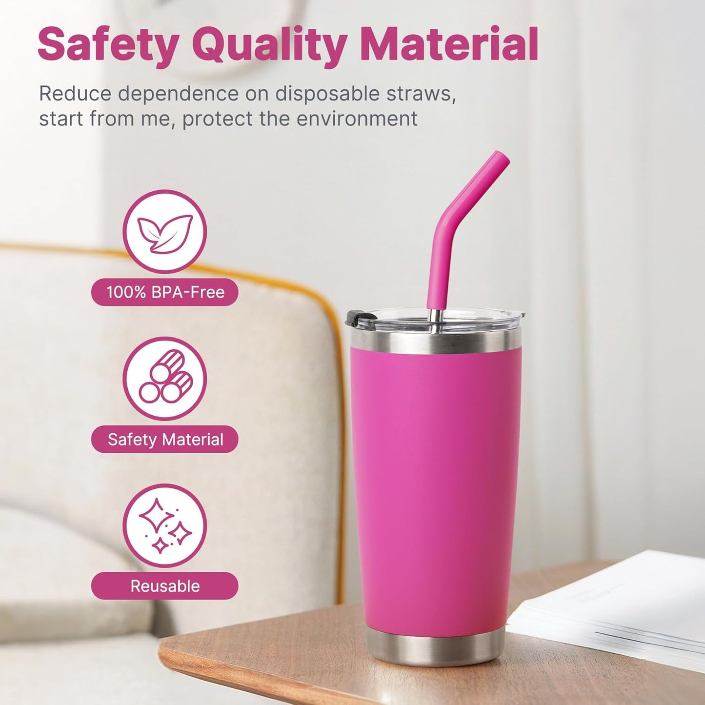 Metal Straws for 20 oz YETI Tumbler Mug, 8.5" Reusable Stainless Steel Drinkin Straws with Silicone Tip for CIVAGO, ALBOR, BJPKPK 20 oz Tumbler