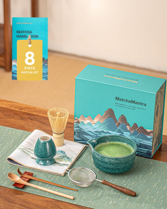 Artisan Matcha Whisk Set - 8 Pcs Premium Matcha Set with Bowl (Chawan), Bamboo Whisk & Tools | Matcha Kit for Making Breakfast/Latte | Gift for Matcha Lovers (Parrot Green)