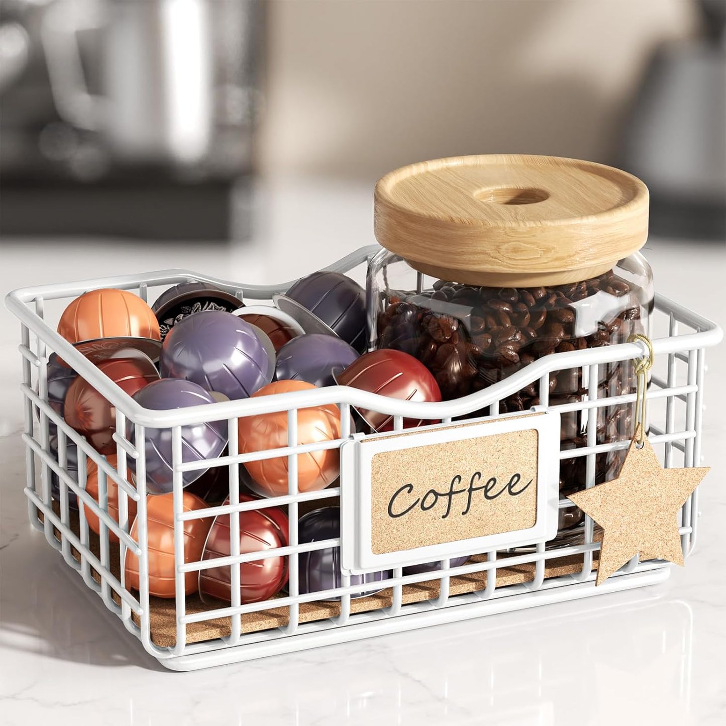 Coffee Pod Holder for Counter and Bar - Large Capacity White Wire Storage Organizer With Cork Liner - Bar Accessories