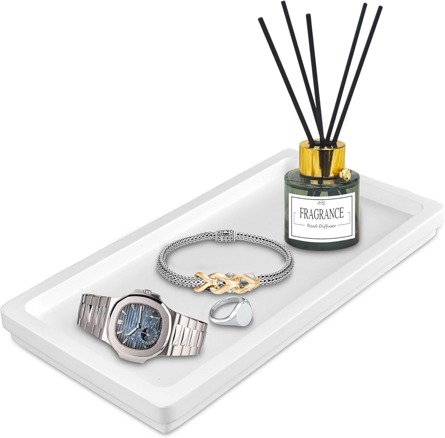 Acacia Rectangle Organizer Tray - 11.8 x 5.9 Inches, Soap Tray for Bathtub Countertop Sink Dresser Toilet Tank - Home Decoration for Jewelry Dish Key Plate (White)