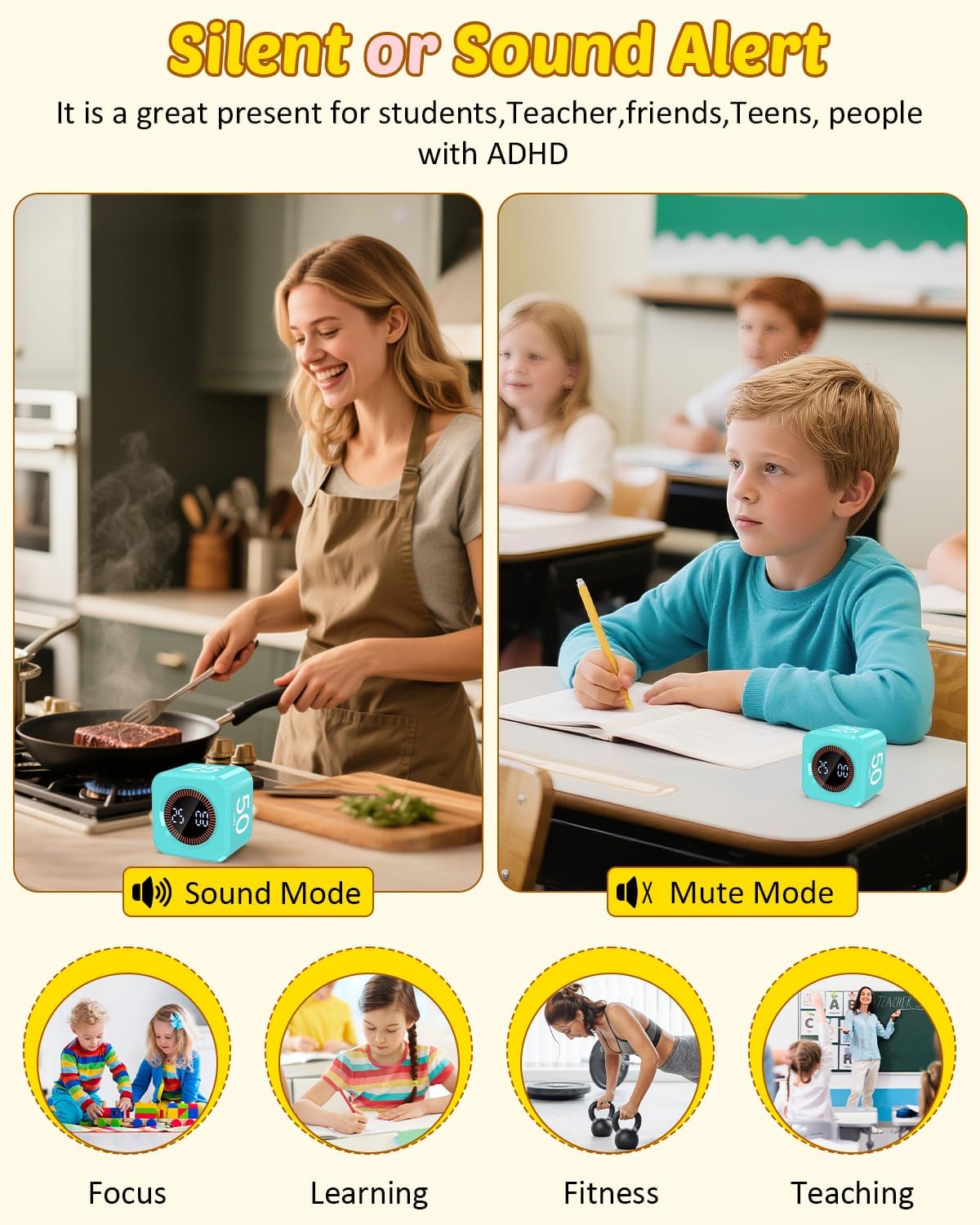 Pomodoro Timer Cube Visual Productivity Flip Timer for Kids Classroom Desk, 5/10/25/50min& Custom Countdown, Silent&Sound Mode Digital Cube for ADHD Study Work School Game Kitchen (Mint Green)