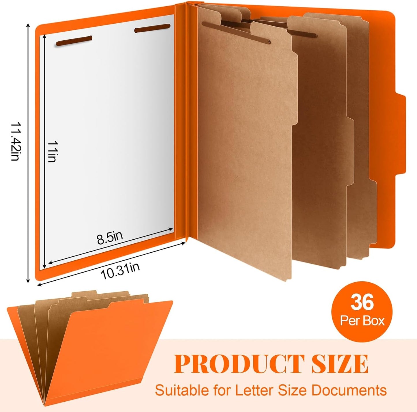 36 Pcs Classification Folders Letter Size, Back to School Supply for Teacher, Student, 3 Dividers Pressboard File Folder Bulk with 2 Fasteners, 3.5 Inch Expanding File Organizer (Orange)