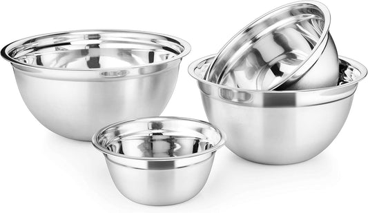AVADOR Premium Stainless Steel Mixing Bowls, Set of 4 Stainless Steel Mixing Bowl Set, Easy To Clean, Space Saving, Great for Cooking, Baking, Prepping 0.74qt 1.4qt 3qt 5qt (4 pc German Mixing Bowl)