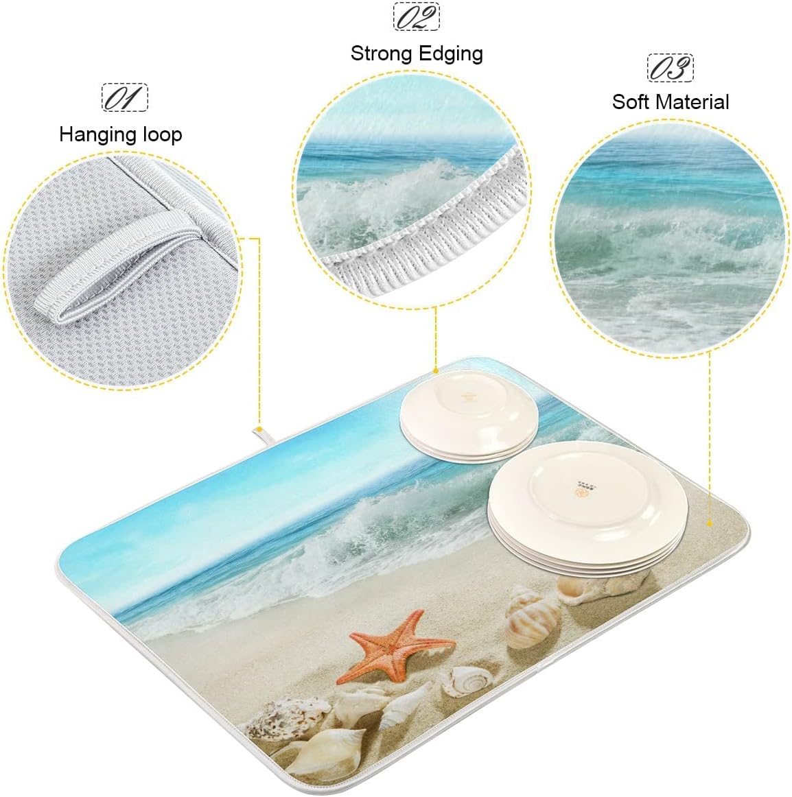 Sweetshow Summer Beach Dish Drying Mat 16 x 18 Inch Sea Wave Shells Starfish Drying Mat with High Absorbent Reversible Microfiber Kitchen Mat Dish Rack Pad Dish Drainer Mat Kitchen Counter Coffee Bar