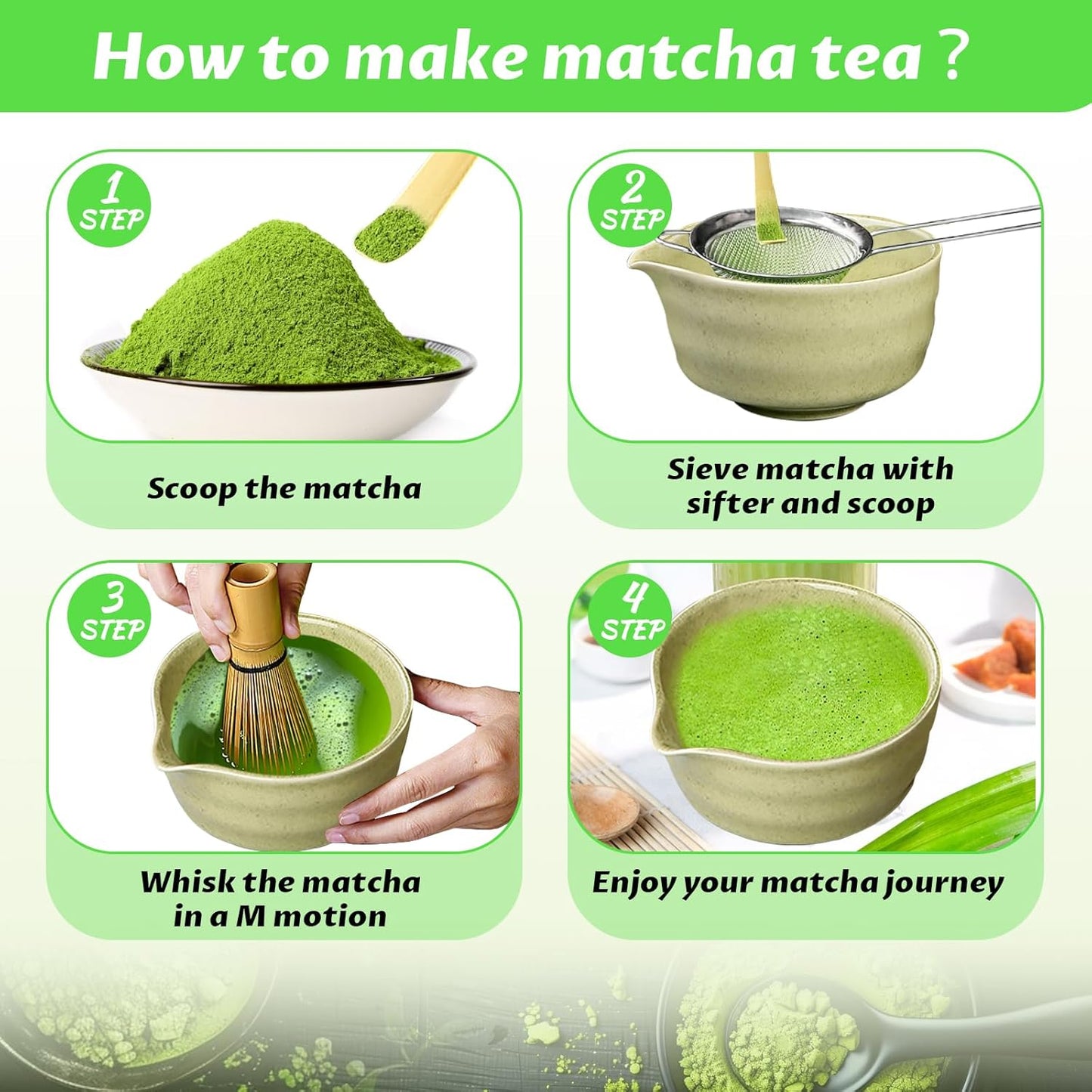Matcha Set, 6 Pcs Matcha Whisk Set with 20 oz Bowl, Bamboo Whisk for Matcha Tea, Matcha Bowl, Ceramic Matcha whisk Holder, Stainless Sifter and Scoop - Gift for matcha kit Lovers（Green）
