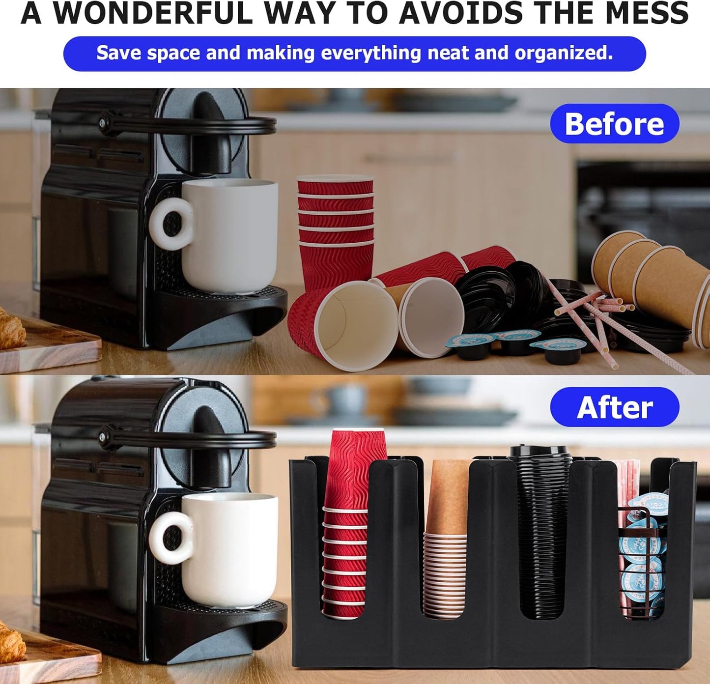 Coffee Cup and Lid Holder Organizer,Adjustable Dispenser with Coffee Pod and Straw Storage Basket, Disposable Cup Holder for Countertop