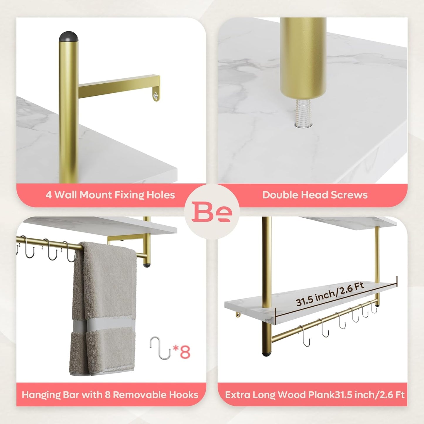 Bestier Floating Shelving 31" Kitchen Wall - Mounted Shelf with Towel Bar Hooks Coffee Bar Shelf Wine Hanging Display Rack Bookshelf Living Room Decor Bathroom - White Marble