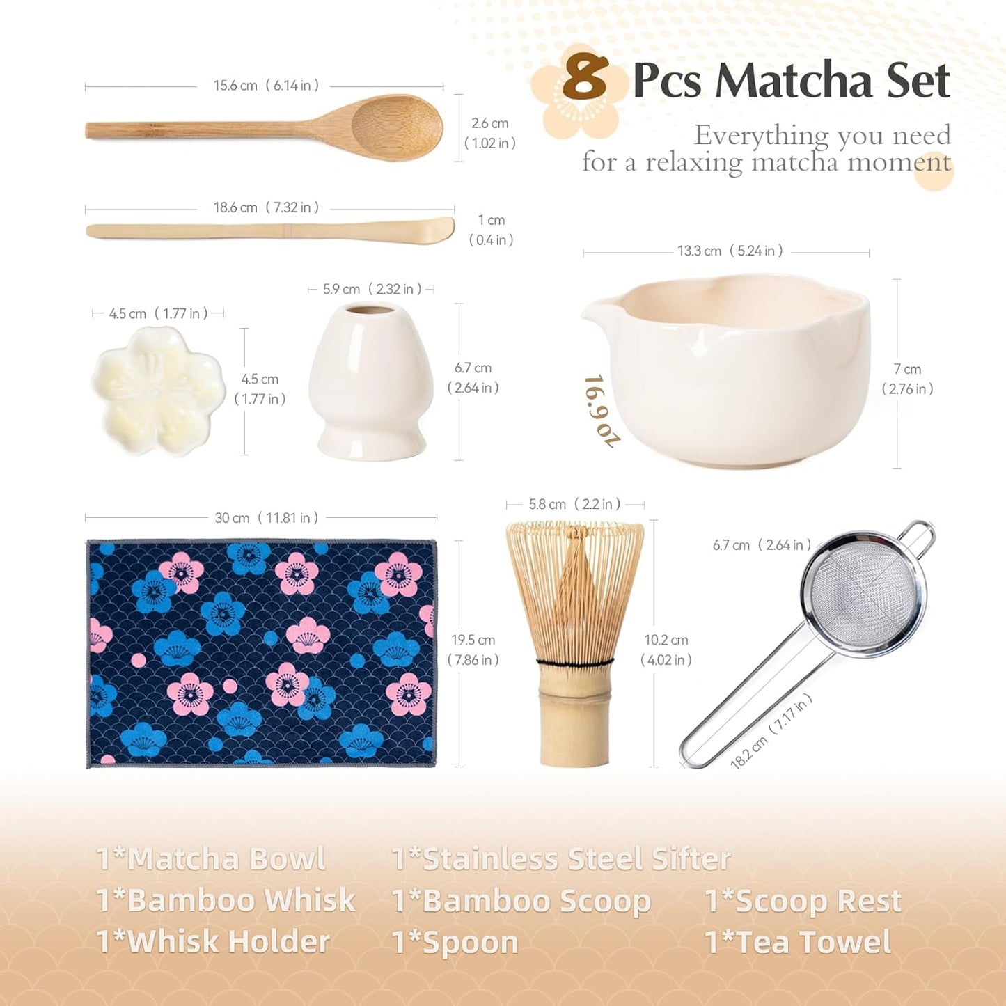 Matcha Set, 8Pcs Floral Ceramic Matcha Set with Matcha Whisk, Holder, Scoop, Scoop Rest, Sifter, Spoon and Tea Towel - Thoughtful Matcha Whisk Set Gift for Matcha Lovers (Beige)