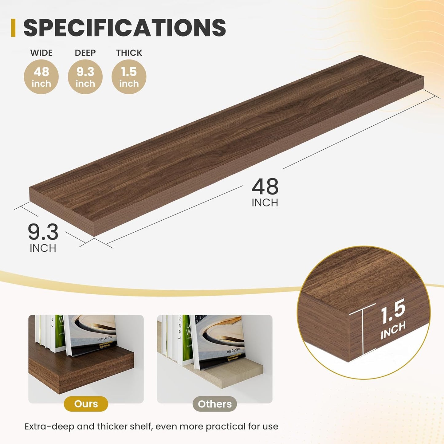 48 Inch Floating Shelves, 9.3" Deep Floating Shelf Wall Mounted, 48" Wall Shelves, Rustic Deep Bookshelf, Large Display Shelves & Storage Shelves for Bedroom, Living Room, Walnut, Set of 1