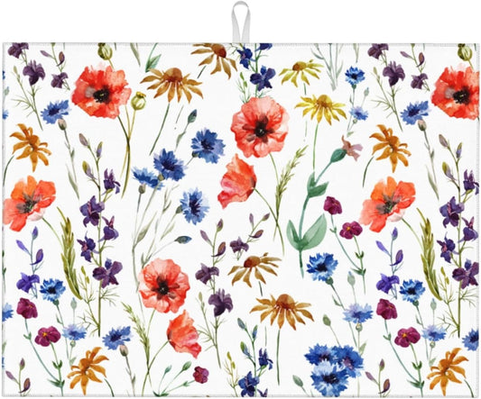 Spring Wildflowers Dish Drying Mats for Kitchen Counter, Watercolor Poppy Cornflower Drying Rack Pad Ultra Absorbent Microfiber Dish Mat for Coffee Countertop Decor 18x24 Inch