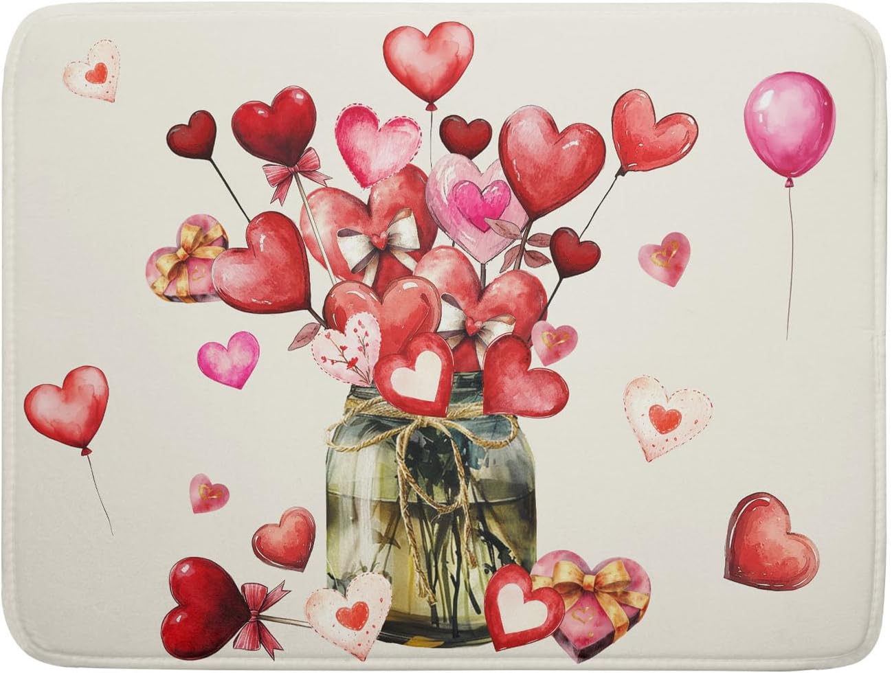 Valentine's Day Dish Drying Mat for Kitchen Counter,Red Love Canes Hearts Decorative Mason Jar Drying Mat 18 x 24 Inch with High Absorbent Microfiber Drainer Mat for Coffee Bar