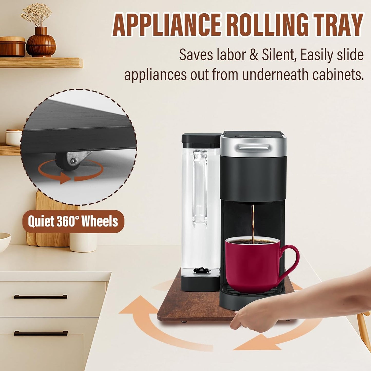 360° Appliance Slider Sliding Tray, Coffee Maker Rolling Tray for Counter Under Cabinet Coffee Pot Mat for Breville Ninja Espresso Machine, Toaster, Air Fryer, Quiet Wheels, Brown (Small 13"×9.4")