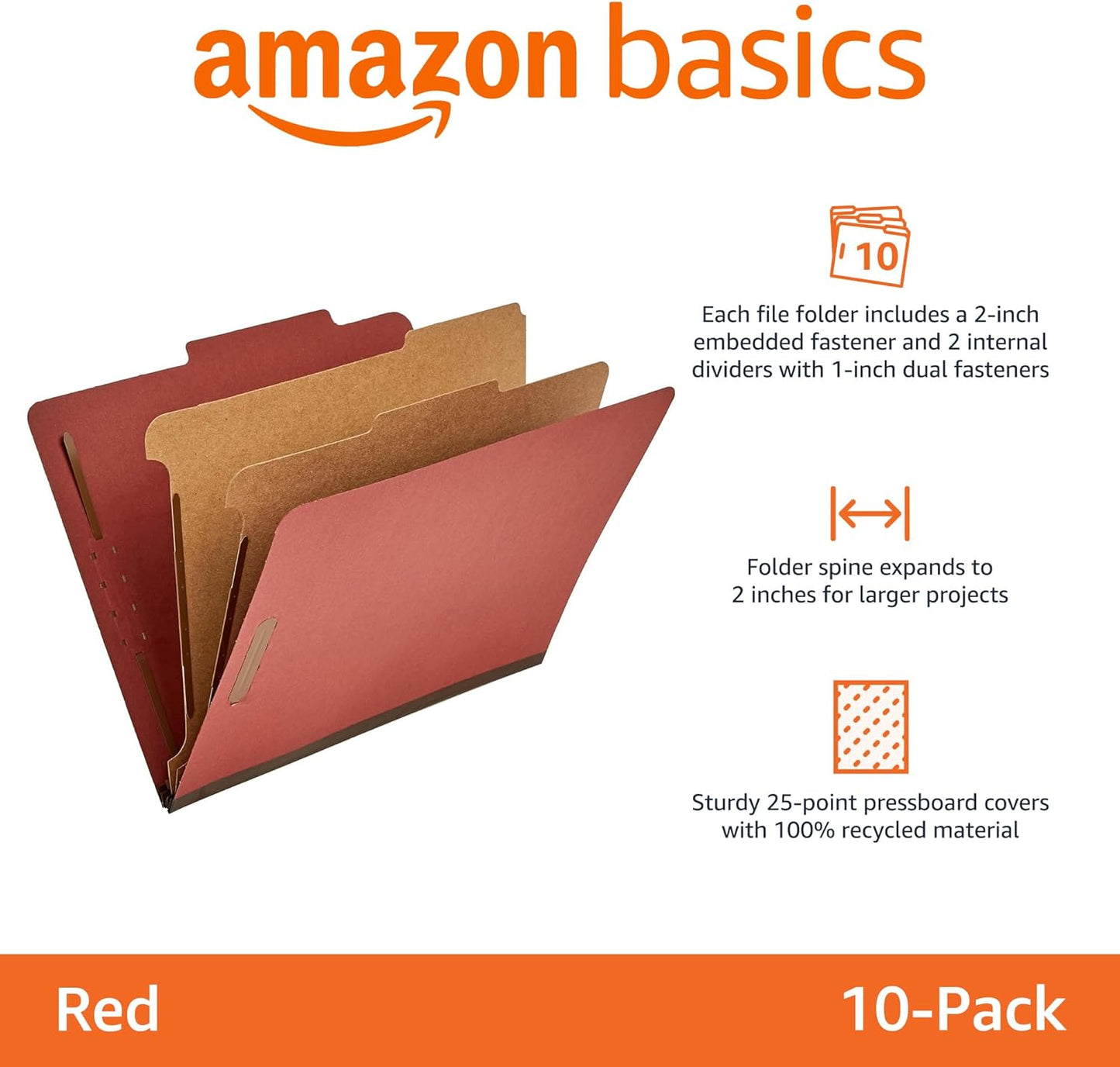 Amazon Basics Classification Folder with Prongs, Pressboard, 2 Dividers, 2-Inch Expansion, 12.17 x 10.67 inch (Letter) Size, Red, Pack of 10