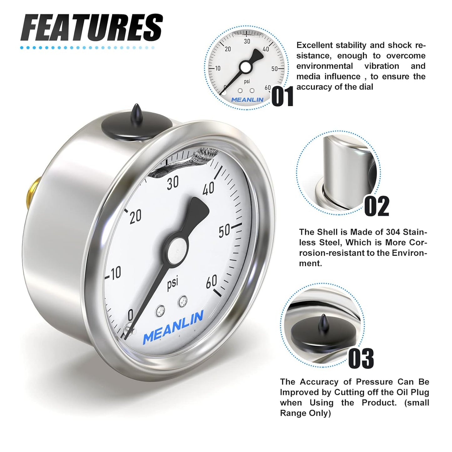 MEANLIN MEASURE 0~60Psi Stainless Steel 1/4" NPT 2.5" Single Scale FACE DIAL, Glycerin Filled Pressure Gauge, Pool Sand Filter, Back Mount, with 1/4" x 1/2" NPT and 1/4" x 3/8" NPT Hex Bushing