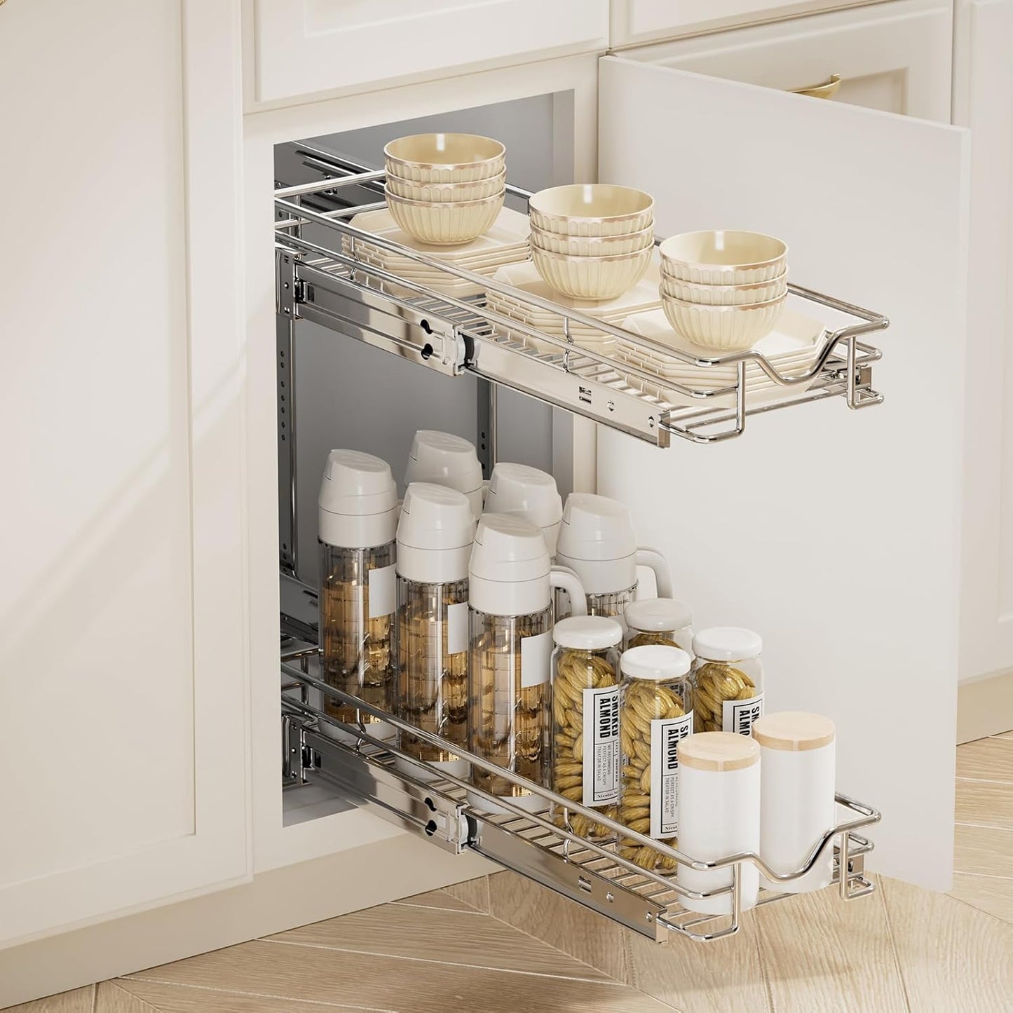 DINDON Pull Out Cabinet Organizer (7-1/2" W x 21-1/2"D), Cabinet Pull Out Shelves, 2 Tier Pull Out Drawers for Kitchen Cabinets, Wire Basket Slide Out Shelf for Cabinet Organization