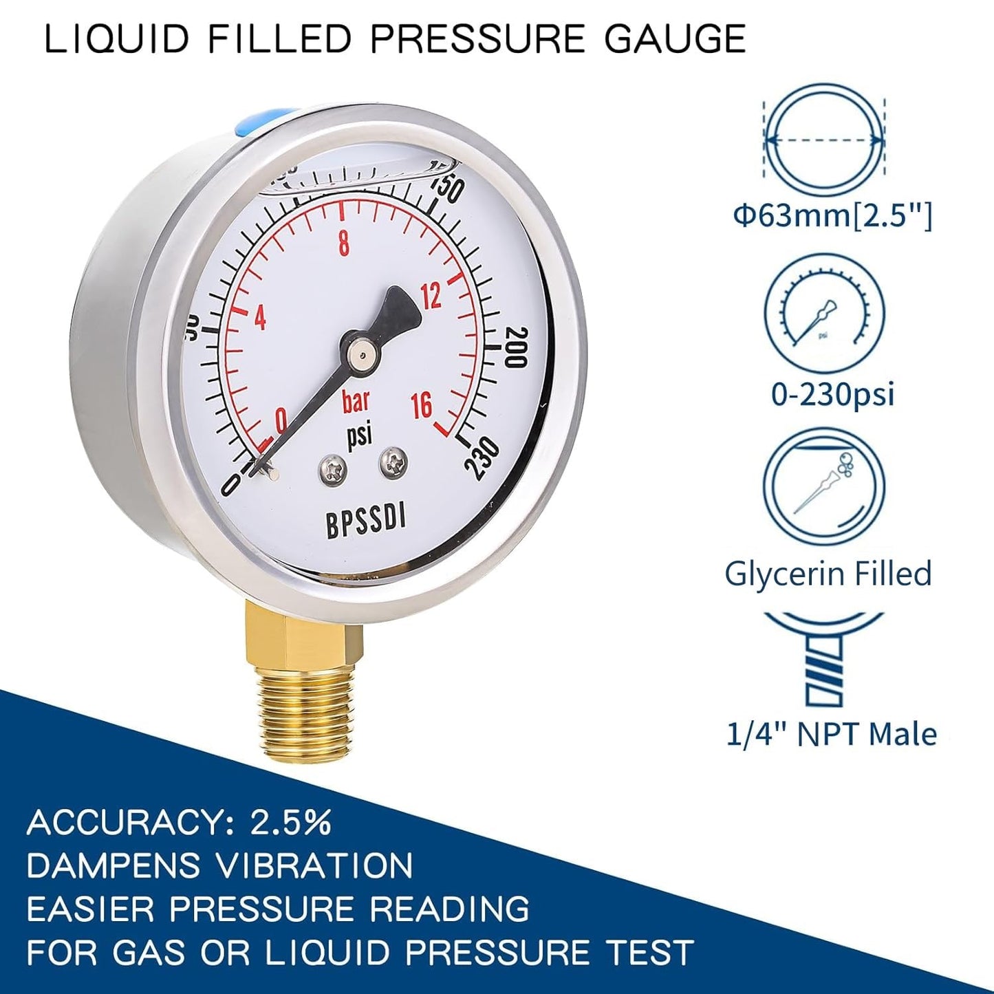 0-230 Psi Glycerin Liquid Filled Pressure Gauge, 2.5" Dial Size, 1/4" NPT Lower Mount, 304 Stainless Steel Case, for Pool Pump Sand Filter Air Compressor, Water Oil Air Pressure Test