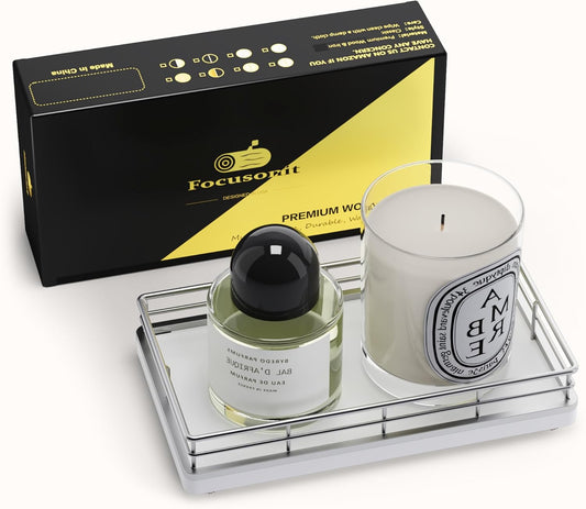 Bathroom Tray for Counter, Oak Wooden 7.5" L Vanity Tray for Jewelry Soap Cologne Organizer for Men Decorative Decor Silver