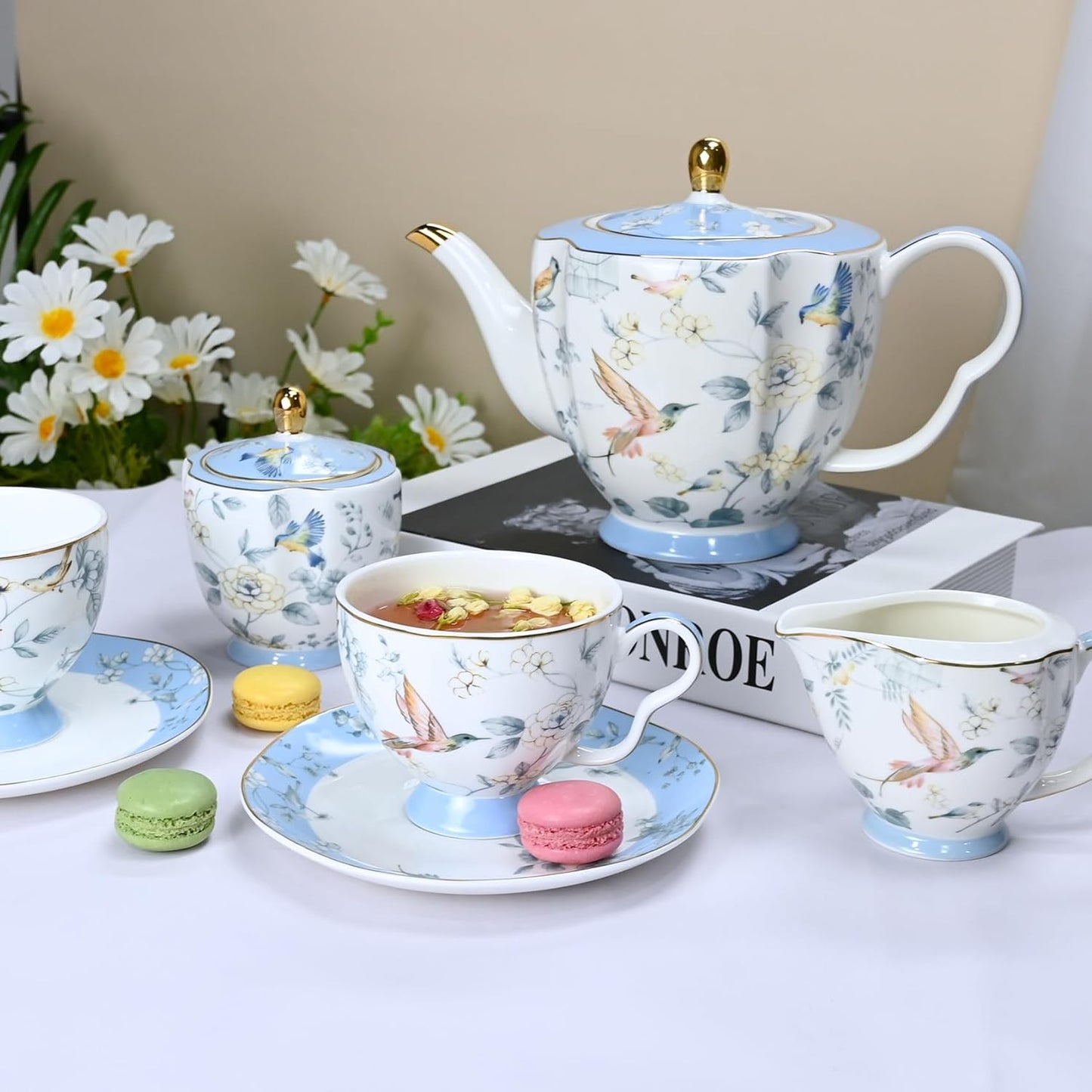 Bone China Tea Set, Porcelain Tea Sets for Adults, Blue and White Bone China Tea Cup Set for 6, Vintage Tea Sets for Women Tea Party