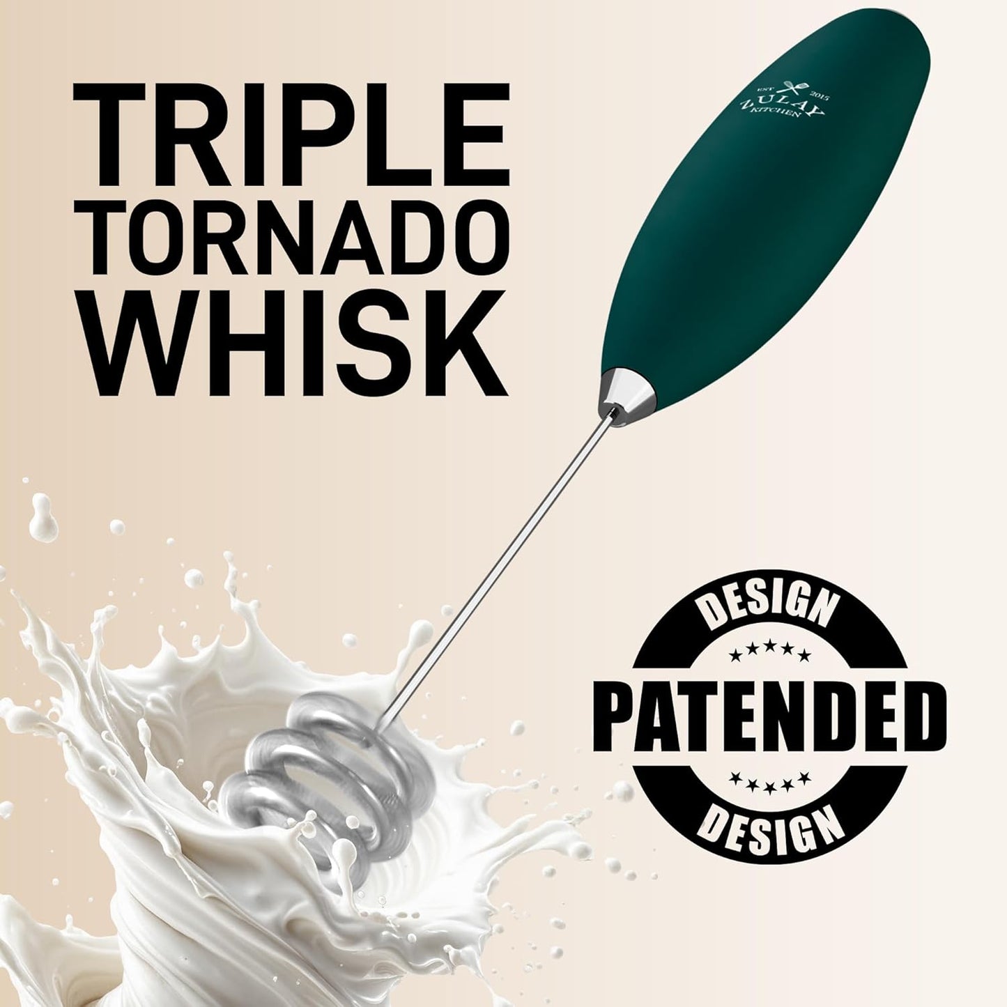 Zulay Kitchen Patented Tornado Triple Whisk Milk Frother with 4 Duracell Batteries – Handheld Foam Maker for Coffee, Lattes, Matcha & Hot Chocolate – Rich, Creamy Froth in Seconds