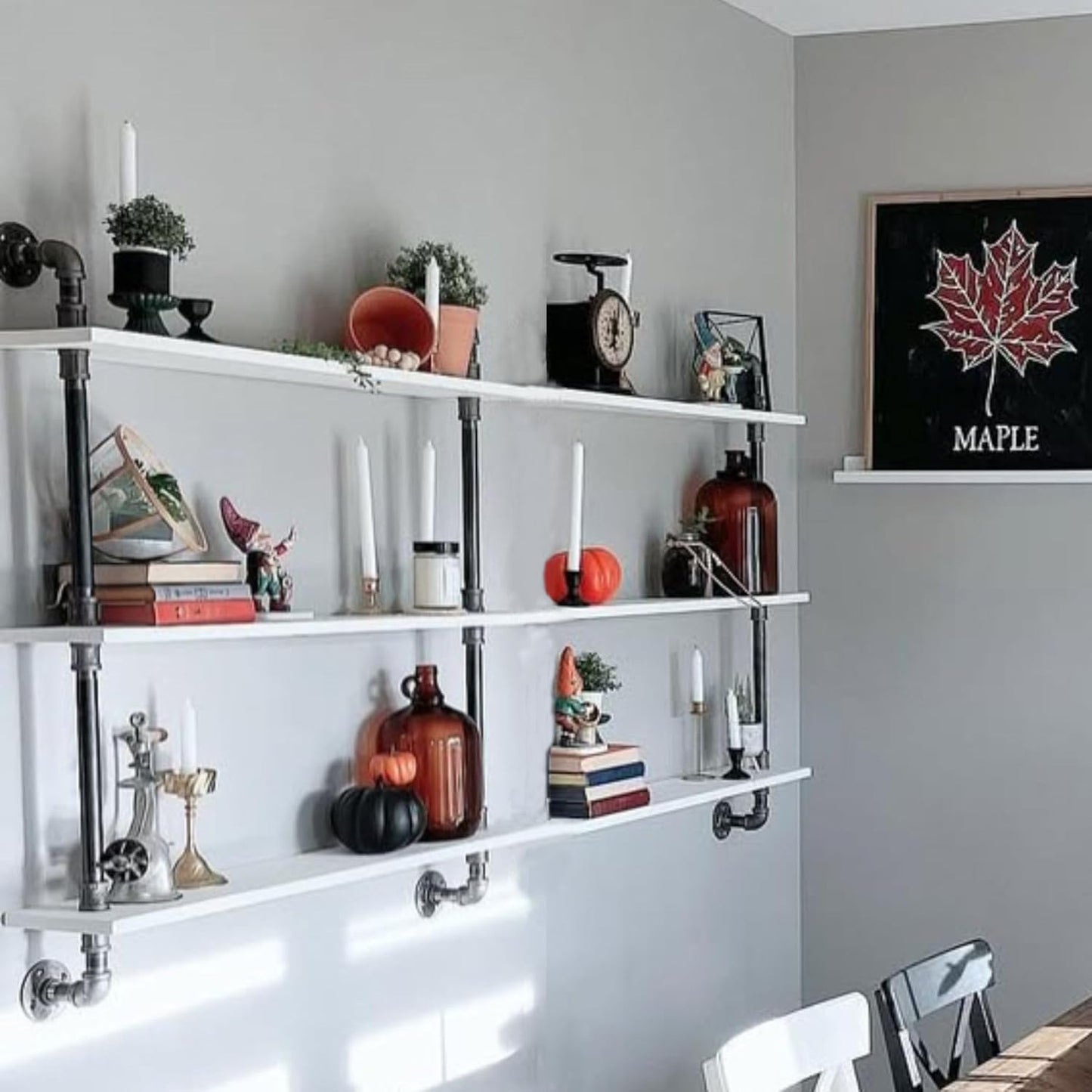 Industrial Pipe Shelving Rustic White Pipe Wall Shelves Industrial Shelves with Wood Planks Floating Shelves 60 Inch Farmhouse Bathroom,Kitchen Shelving Wall Mounted