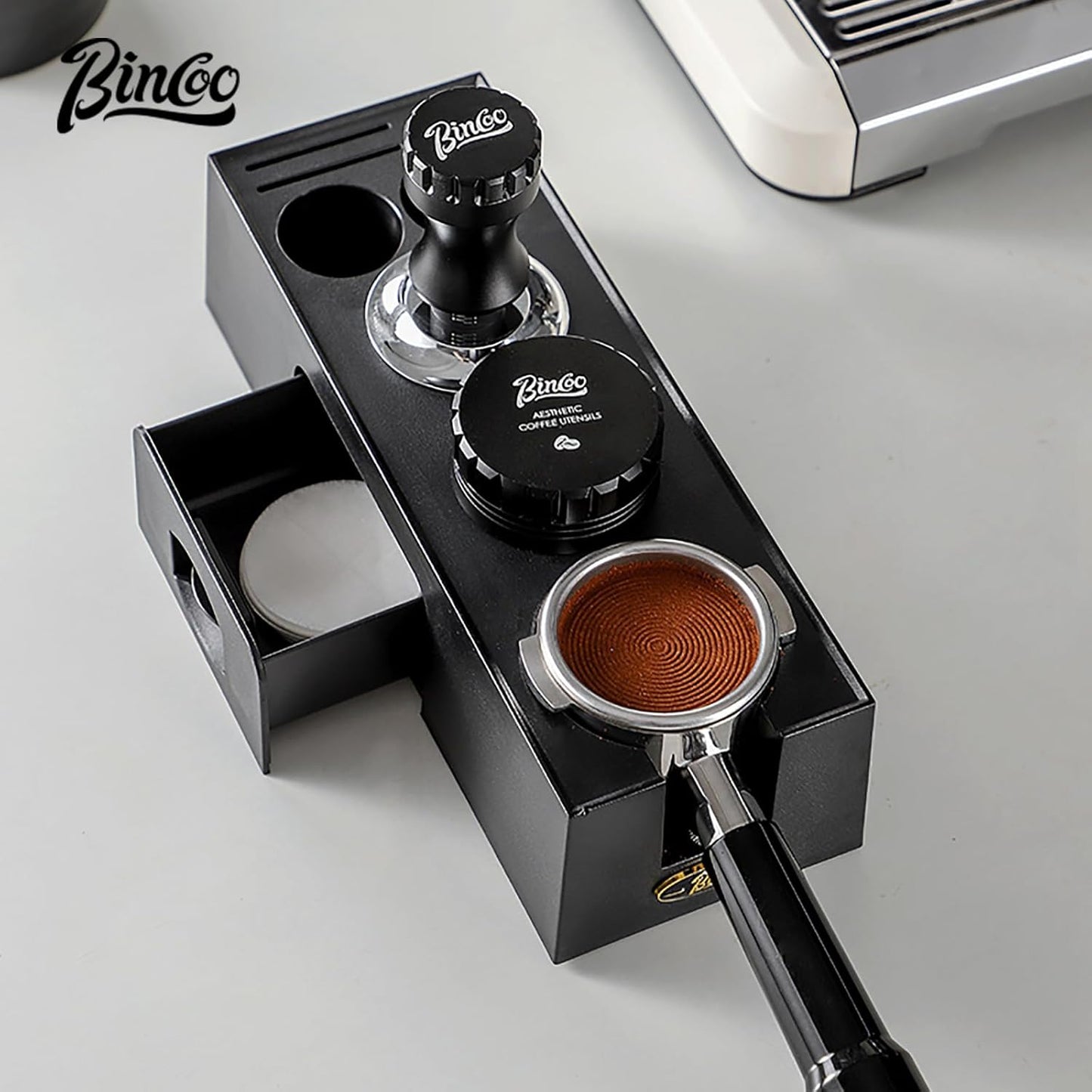 Bincoo Espresso Tamper Station,Multifunction Espresso Coffee Organizer with Drawer for Storage 51, 54, 58MM Tamper, Distributor, Portafilter and Accessories,Space-Saving Design