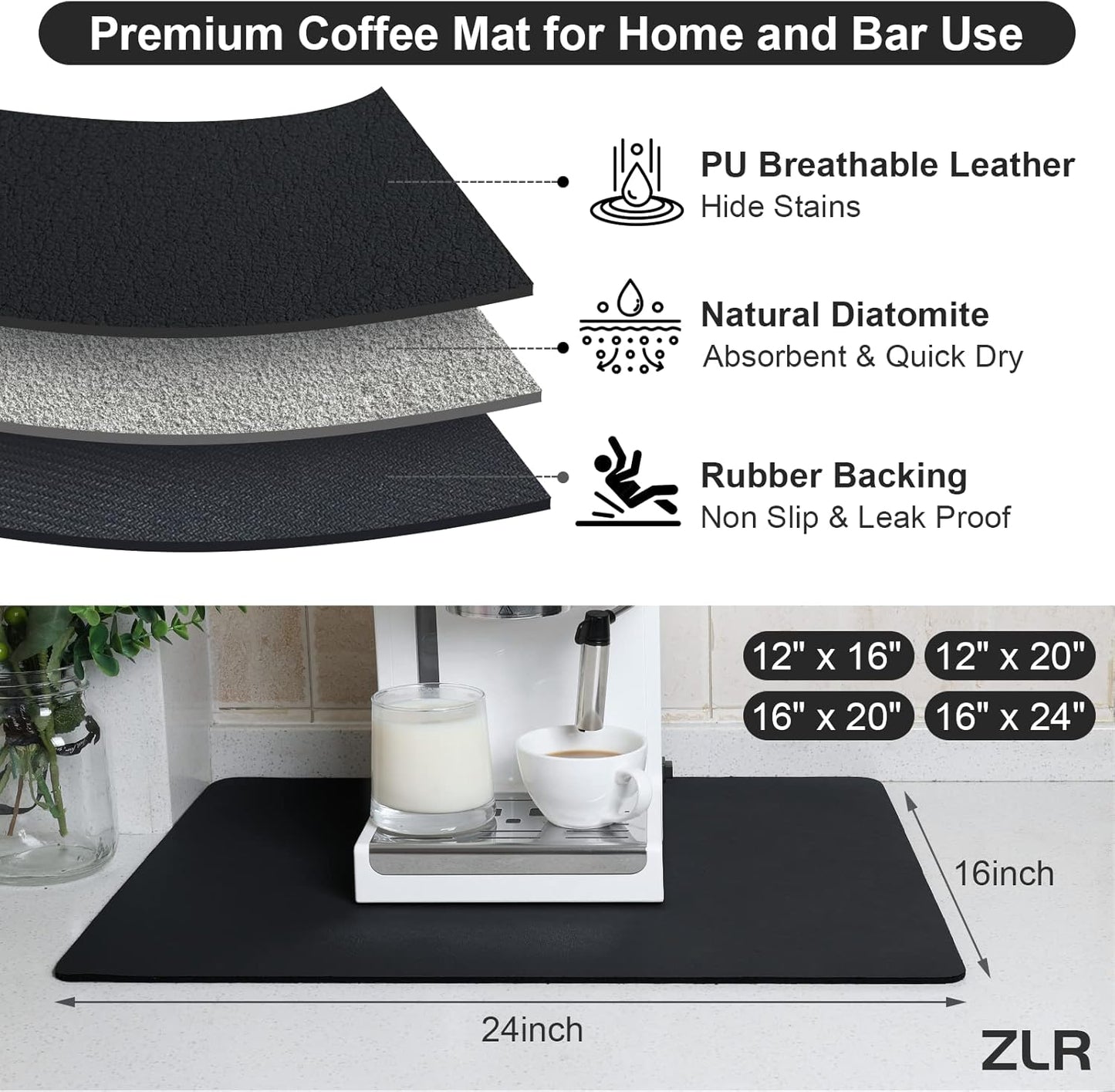 ZLR Coffee Mat - 16" x 24" Extra Large Kitchen Hide Stain Absorbent Dish Drying Mat for Countertop - Easy to Clean Coffee Bar Mat for Espresso Machine and Spill Protection - Black