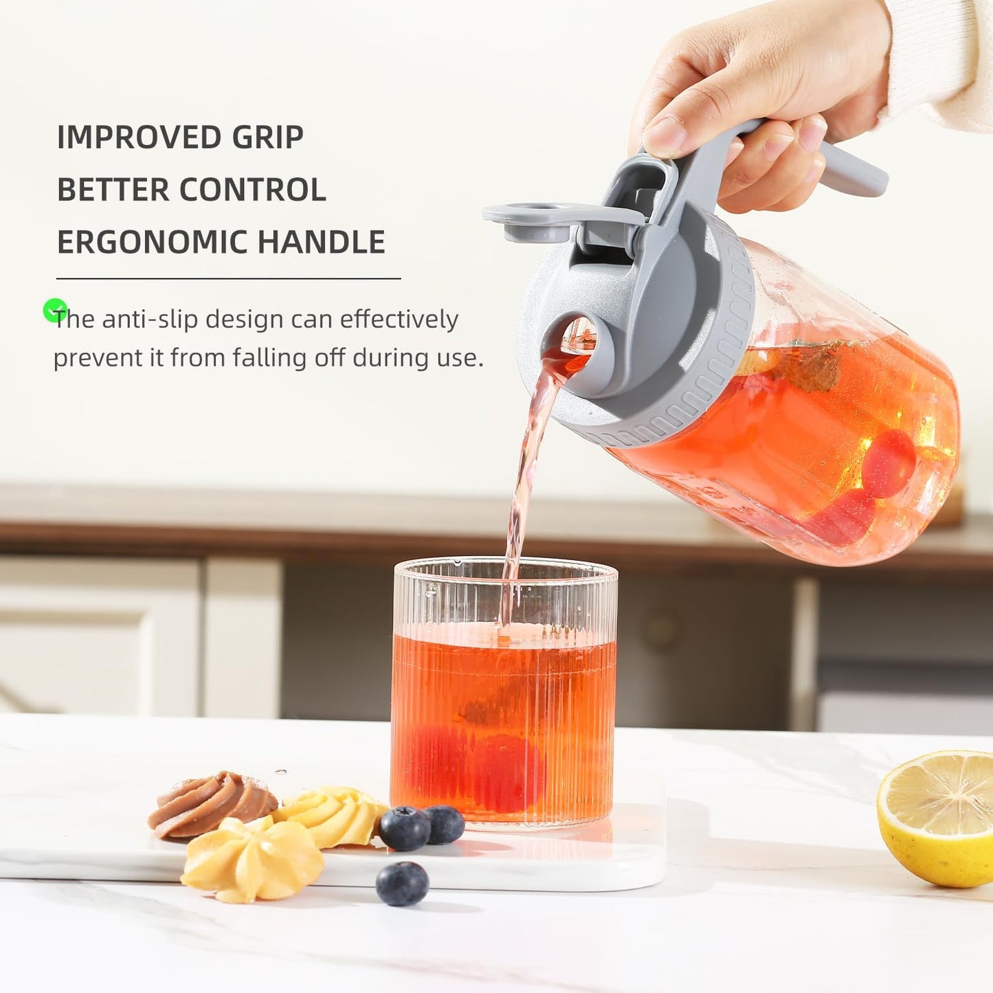 Glass Mason Jar Pitcher with Pour Spout Handle Lid, Breast Milk Pitcher Jug for Ice Tea, Cold Brew Coffee, Fridge Water, Juices, Leak Proof Storage Container