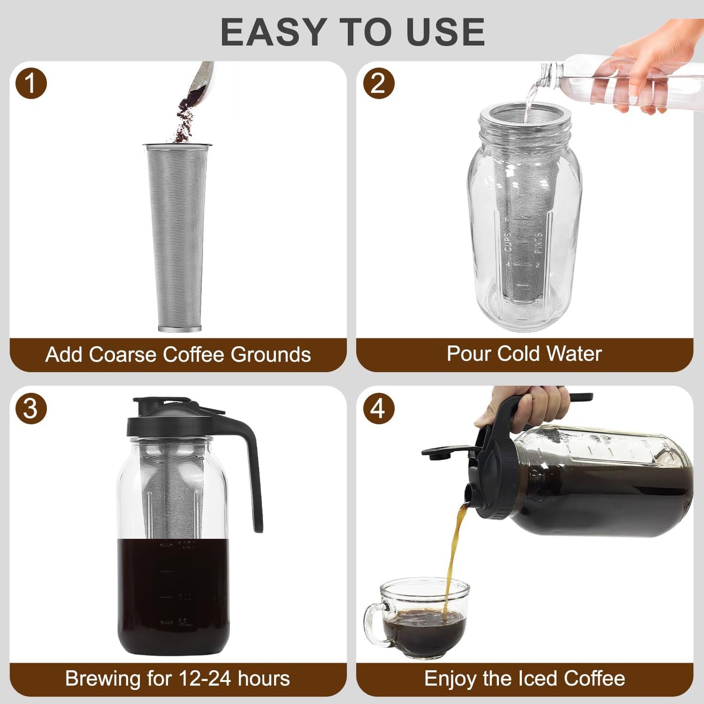 Cold Brew Coffee Maker Pitcher, 64oz Iced Coffee Tea Pitcher for Fridge with Stainless Steel Filter, 1/2 Gallon Glass Mason Jar Cold Brew Maker with Pour Spout Lid, Drying Mat, 2 Brushes, Leak-Proof