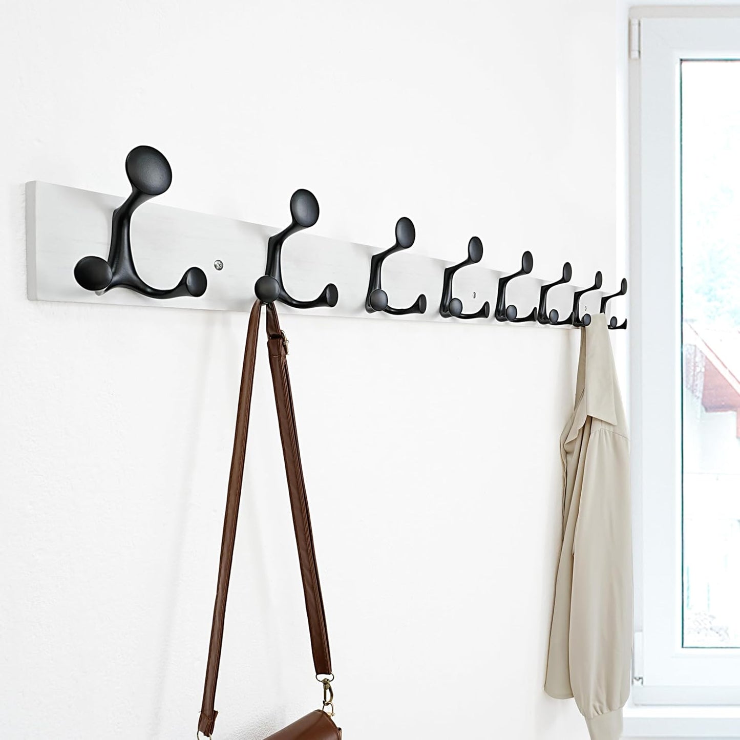 SKOLOO 43-Inch White Wood Coat Rack Wall Mount with 8 Triple Hooks - Ideal for Family Entrances, Classrooms, and Pet Supplies Storage - Perfect Coat Hooks for Wall, Pack of 2