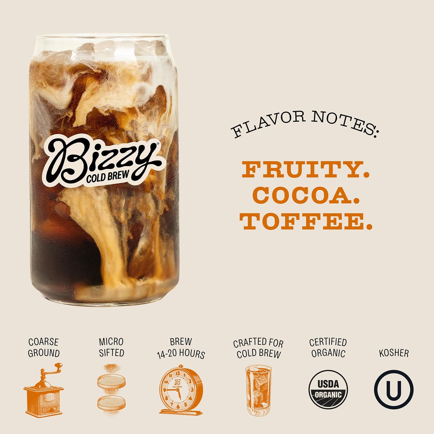 Bizzy Organic Cold Brew Coffee | Breakfast Blend | Coarse Ground Coffee | Medium-Light Roast | Micro Sifted | Specialty Grade | 100% Arabica | Brew Bags | 4 Count | Makes 14 Cups